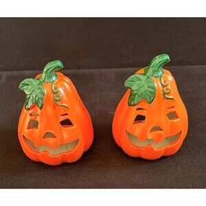 Pair Ceramic Jack O Lantern Tealight Candle Holders 6 in Pumpkin Halloween Decor